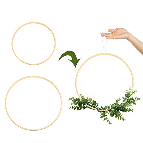 Sntieecr Juego de 12 aros de madera de bambú y flores de macramé para manualidades, decoración de corona de boda, atrapasueños y manualidades para colgar en la pared (15cm & 20cm)