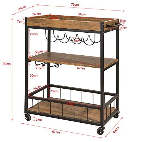 SoBuy Carrito de Servicio,Camarera con Ruedas,con 3 Estantes y 4 Ruedas, 79 * 40 * 90 cm,FKW56-N,ES