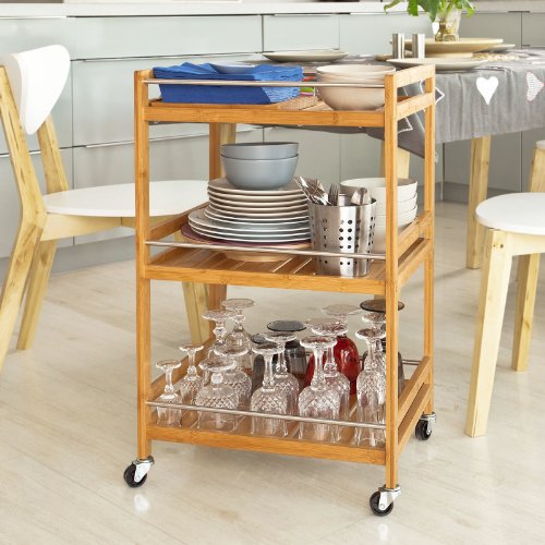 SoBuy® Estantería de cocina, carrito de cocina, estantería de baño de bambú con ruedas FKW11-N