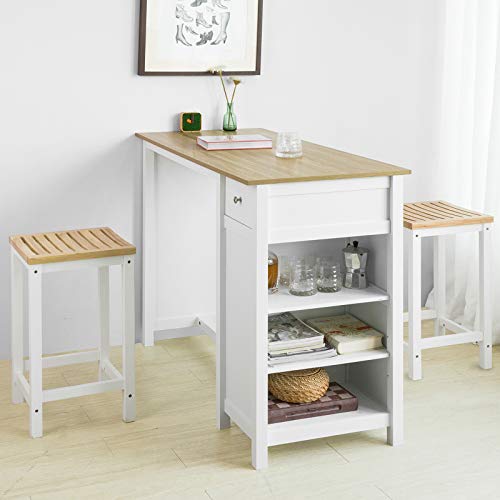 SoBuy FWT64-WN Mesa Barra Bar Mesa Alta de Comedor con 1 Cajón y 3 Estantes Blanco Altura 90cm ES