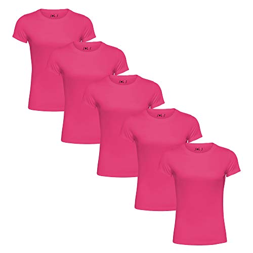 SOL'S – Lote de 5 camisetas de mujer – Camiseta de cuello redondo 100% algodón Tee Manga corta fucsia S