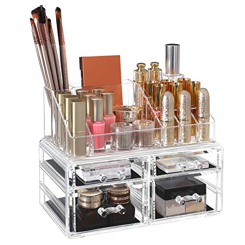 SONGMICS 2 en 1 Organizador para cosméticos Caja Maquillaje 4 Cajones Acrílico Transparente 24 x 13,5 x 18,5 cm