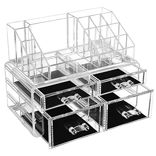 SONGMICS 2 en 1 Organizador para cosméticos Caja Maquillaje 4 Cajones Acrílico Transparente 24 x 13,5 x 18,5 cm