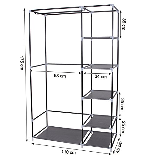 SONGMICS Armario de Tela para Ropa, Organizador Textil Plegable, 175 x 110 x 45 cm, Gris LSF007G