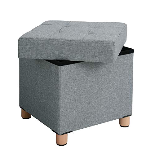 SONGMICS Banco Otomano de Almacenamiento, Asiento Plegable Acolchado, Cofre con Tapa, Patas de Madera Maciza, Ahorra espacio, Carga Máxima 300 kg, para Dormitorio y Pasillo, Gris Claro LSF14GYX