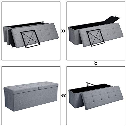 SONGMICS Banqueta de Almacenamiento, Baul con Tapa Abatible, Asiento Plegable, para Cama, Dormitorio y Pasillo, Ahorro de Espacio, 120L, Carga Máx. de 300kg, Relleno de Esponja, Gris Claro LSF71G