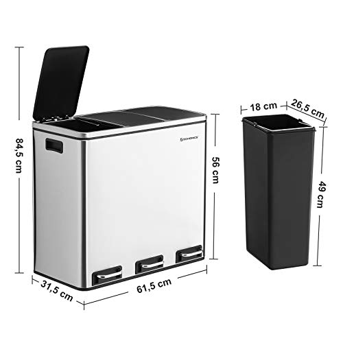 SONGMICS Basurero Reciclaje, Cubo de Basura para Cocina con 3 cubetas, 3 x 18L, Tapa de Mecanismo, con Pedales, Acero Inoxidable, Cubos Interiores de Plástico y Asas de Transporte LTB54NL