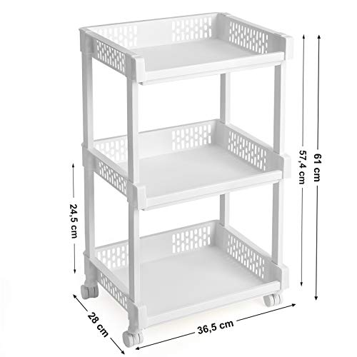 SONGMICS Carrito de Cocina con Ruedas, Estantería con 3 Niveles para Cocina, Oficina y Baño, 61 cm de Altura, Blanco KSC03WT