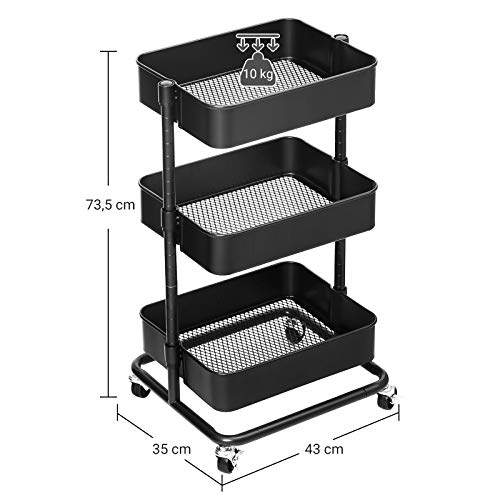 SONGMICS Carro de Almacenamiento de 3 Niveles, Estantería con Ruedas, con Estantes Ajustables en Altura, con 2 Frenos, Montaje Sencillo, para Baño, Cocina, Oficina, Negro BSC60B