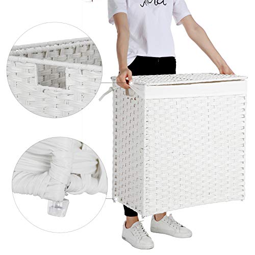 SONGMICS Cesto de la Ropa, Cesto de la Colada, Tejido a Mano, Cesto de Lavandería con Compartimentos Separados, Ratán Sintético, con Tapa y Asas, Plegable, Bolsa de Forro Extraíble, Blanco LCB52WT