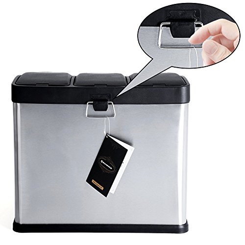 SONGMICS Cubo de Basura, Basurero con Pedal 3 en 1, 24 litros, Sistema de Separación de Residuos para la Cocina, Duradero, Fácil de Limpiar, Acero, Color Plata LTB24L