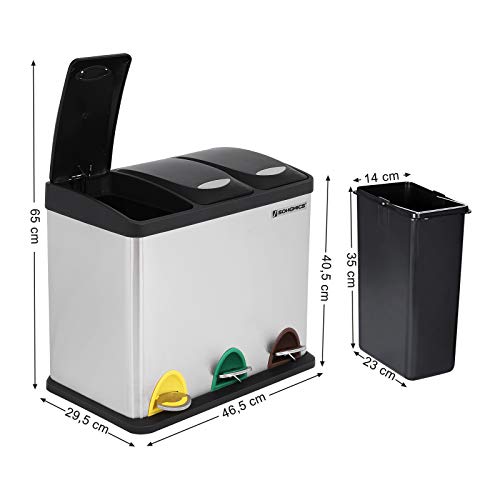 SONGMICS Cubo de Basura, Basurero con Pedal 3 en 1, 24 litros, Sistema de Separación de Residuos para la Cocina, Duradero, Fácil de Limpiar, Acero, Color Plata LTB24L