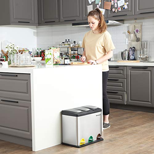 SONGMICS Cubo de Basura, Basurero con Pedal 3 en 1, 24 litros, Sistema de Separación de Residuos para la Cocina, Duradero, Fácil de Limpiar, Acero, Color Plata LTB24L