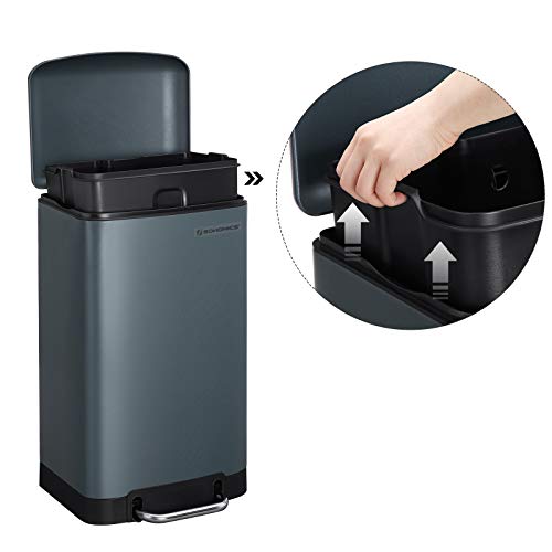 SONGMICS Cubo de Basura, Cubo de Reciclaje de 30L, Cubo de Pedal de Acero, con Cubo Interior y Tapa, Cierre Suave, Hermético, para Cocina, Sala de Estar, Gris Ahumado LTB01GS