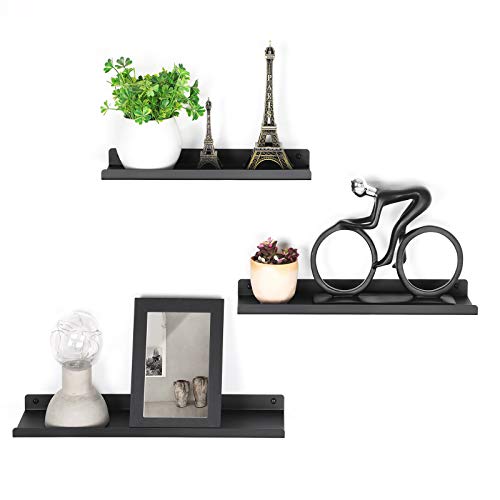 SONGMICS Estantes de Pared Metálicos, Juego de 3 Estantes Flotantes, Estilo Industrial, para Decoración, Marcos de Fotos, Adornos, 6 Tornillos Incluidos para Montaje, Diseños Múltiples, Negro LFS12BK