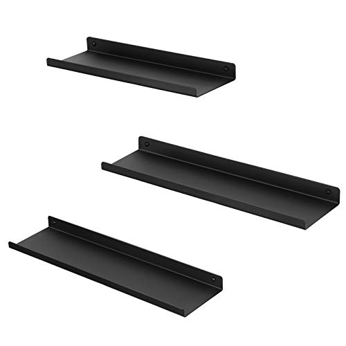 SONGMICS Estantes de Pared Metálicos, Juego de 3 Estantes Flotantes, Estilo Industrial, para Decoración, Marcos de Fotos, Adornos, 6 Tornillos Incluidos para Montaje, Diseños Múltiples, Negro LFS12BK