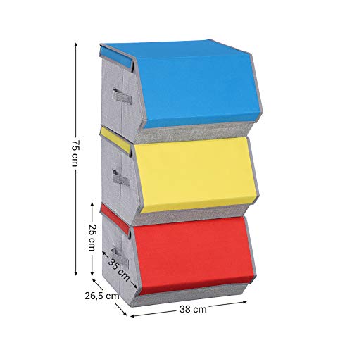 SONGMICS Juego de 3 Contenedores de Colores con Tapa Magnética, Apilables, Cajas Plegables con Marco y Asas de Metal, para Juguetes, Ropa, Colores Azul, Naranja y Amarillo RCLB03G