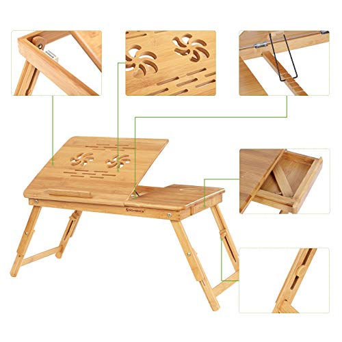 SONGMICS Laptop Desk, Adjustable Bamboo Bed Table and Breakfast Tray with 5 Tilting Angles, Cooling Holes and Drawer LLD001