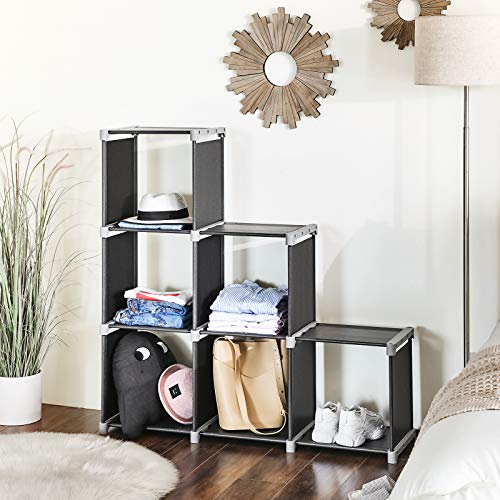 SONGMICS Librería de 6 Cubos, Estantería de Escalera de Tela, Armario de Almacenamiento, Montaje Bricolaje, para Salón, Dormitorio, Estudio, para Juguetes y Libros, Separador, Negro LSN63H