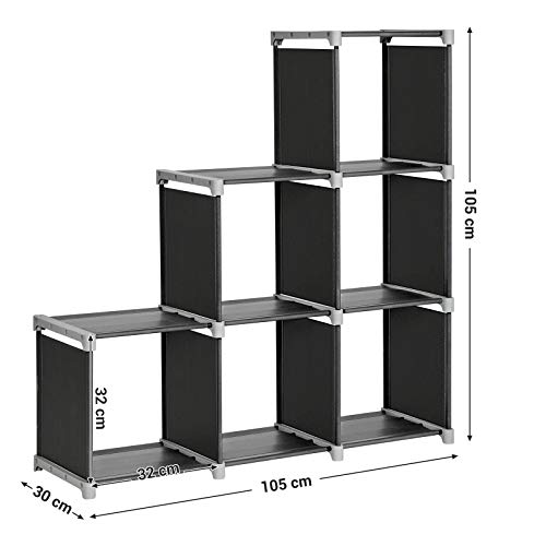 SONGMICS Librería de 6 Cubos, Estantería de Escalera de Tela, Armario de Almacenamiento, Montaje Bricolaje, para Salón, Dormitorio, Estudio, para Juguetes y Libros, Separador, Negro LSN63H