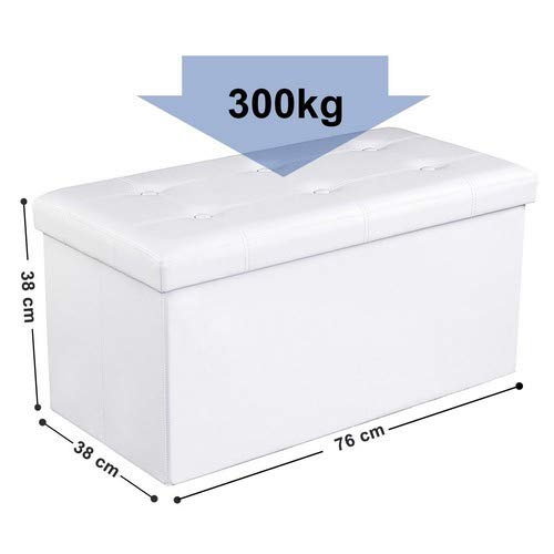 Songmics LSF106 Baúl Puff - Taburete para Almacenaje Plegable Carga máxima de 300 kg Blanco, 76 x 38 x 38 cm