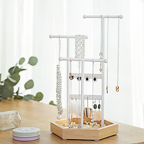 SONGMICS Soporte, Expositor, Baumschmuck aus Metall und Madera, Collares, Pulseras, Ohrringe, Ringe, Geschenk für Mujeres, Weiß JJS03NW, Eisenrahmen, Weiß 20,5 x 18 x 36 cm