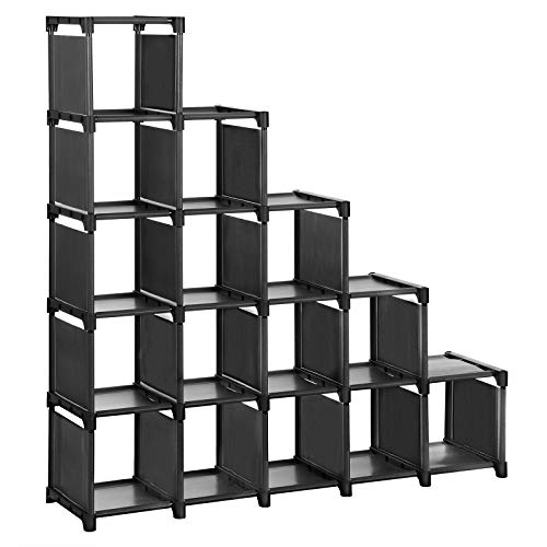 SONGMICS Zapatero de 16 Cubos, Estantes Modulares de Almacenamiento para Bricolaje, Estantería para Juguetes, Vitrina y Unidad Organizadora de Armarios, Incluye Mazo de Goma, Negro LSN44BK