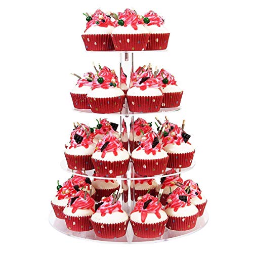 Soporte Cupcakes, ULIFEME Cupcake Stand Acrilico para Boda, Cumpleaños, Fiesta, Muffins y Tarta, 4 Pisos Transparente Soporte para Cupcakes, Diámetro 12''/10''/8''/6'', 4 mm de Espesor y Forma Redonda