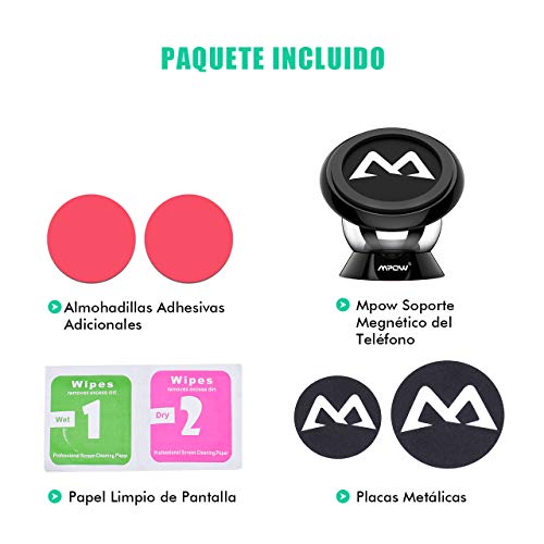 Soporte Magnético Universal con Pegatinas Metalicas, Mpow Iman Móvil Coche / Soporte Auto Car Mount Metálico 360° Rotación Apoyo Pegar a Cualquier Superficie Limpiado para iPhone7/ 6/ 6s 6 Plus, Google Pixely, Galaxy S8, Moto G5,LG G6 y Otros Smartphones