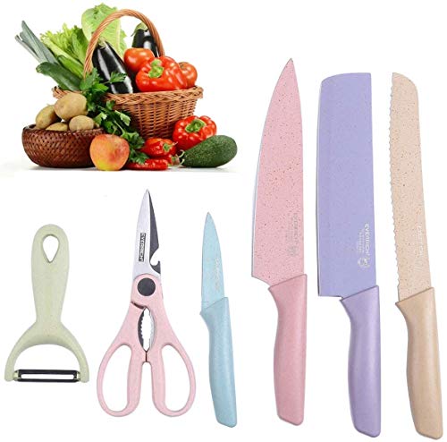 SP-Cow 6 Piezas Juego de Cuchillos de Cocina, 5X Cuchillos de Acero Inoxidable y 1x Cuchillo pelador de Verduras de cerámica,Acero Inoxidable Duro, Equipado con Mango Cómodo,en Diversos Colores