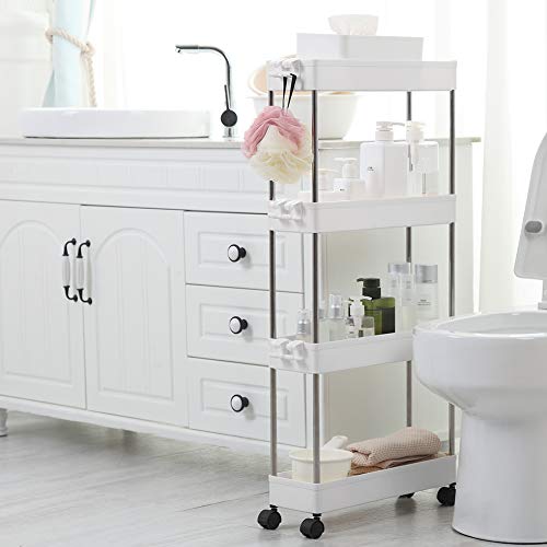 SPACEKEEPER Carro de Almacenamiento de 4 Niveles, Delgado, móvil, estantería, Carro Deslizante, Multiusos, para Cocina, Dormitorio, baño, lavadero, Lugares Estrechos, Color Blanco