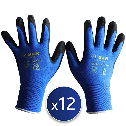 S&R 12 Guantes de Trabajo de Fibra de poliéster con Recubrimiento de PU. 12 Pares - Talla XL/10