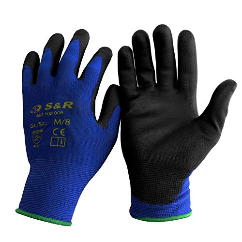 S&R 12 Guantes de Trabajo en fibra de Nylon con recubrimiento de PU - 12 pares. Talla XL/10