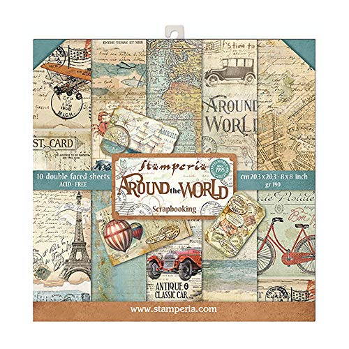 STAMPERIA Around The World-Bloc de Papel (10 Hojas, 20,3 x 20,3 cm, Doble Cara), Multicolor, 20.3 x 20.3 (8" x 8")