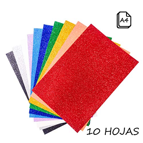 Starplast, Papel Goma Eva, Papel Foamy, Papel Decorativo Pack de 10 Láminas, Purpurina, Liso, Aprox A4, 20x30cm, Hojas de Espuma EVA para Decorar y Manualidades, Etc. Colores Surtidos