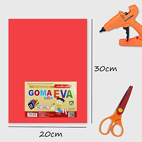 Starplast, Papel Goma Eva, Papel Foamy, Papel Decorativo, Pack de 12 Láminas, Liso, Aprox A4, 20 cm x 30 cm, Hojas de Espuma EVA Para Decorar, Diseñar y Manualidades, Etc. Colores Surtidos