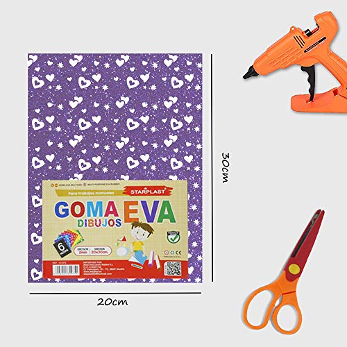 Starplast, Papel Goma Eva, Papel Foamy, Papel Decorativo, Pack de 6 Láminas, Purpurina, Estampado, Aprox A4, 20x30cm, Hojas de Espuma EVA para Decorar y Manualidades, Etc. Colores Surtidos