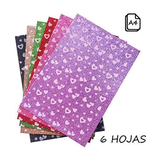 Starplast, Papel Goma Eva, Papel Foamy, Papel Decorativo, Pack de 6 Láminas, Purpurina, Estampado, Aprox A4, 20x30cm, Hojas de Espuma EVA para Decorar y Manualidades, Etc. Colores Surtidos