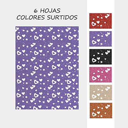 Starplast, Papel Goma Eva, Papel Foamy, Papel Decorativo, Pack de 6 Láminas, Purpurina, Estampado, Aprox A4, 20x30cm, Hojas de Espuma EVA para Decorar y Manualidades, Etc. Colores Surtidos