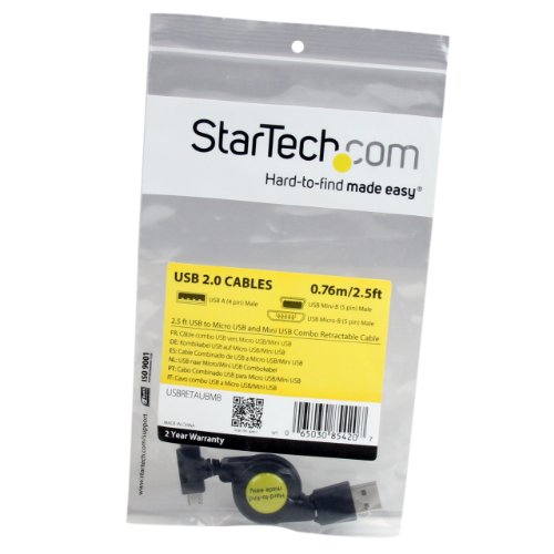 StarTech.com USBRETAUBMB - Cable Adaptador Retráctil de 76cm USB A Macho a Mini USB B y Micro USB B Macho - Combo