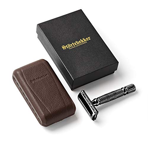 Störtebekker® Maquinilla de afeitar clásica en estuche de cuero hecho a mano [10 hojas Astra] - Cuchilla de afeitar de primera calidad - Set de afeitado con espejo integrado