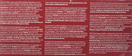 Strawberry in sparkling wine 984051 Chocolate con mazapán (41%) y relleno (25%) con fresas en un vivo brillante.