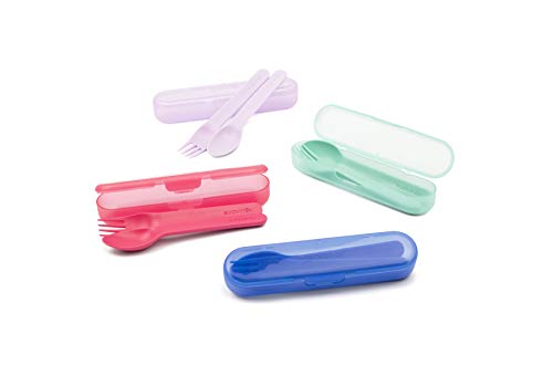 Suavinex - Set Cuchara + Tenedor + Estuche Booo, Cubiertos Infantiles para Encías Sensibles, para Bebés +12 Meses, Color Verde