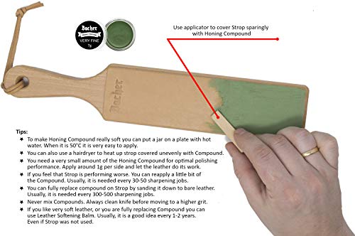 Suavizador de cuero (Asentador o Afilador) BACHER Premium STROP. Paleta de madera dura cubierta con cuero curtido ruso Juchtenleder de 1/8"de grosor. Incluye un kit de 4 compuestos de afilado.