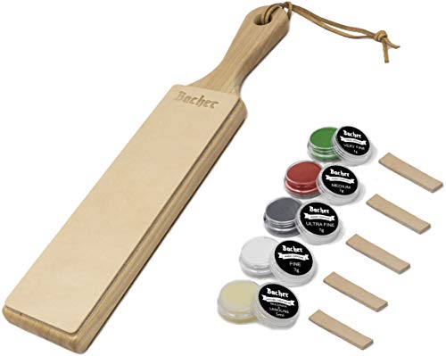 Suavizador de cuero (Asentador o Afilador) BACHER Premium STROP. Paleta de madera dura cubierta con cuero curtido ruso Juchtenleder de 1/8"de grosor. Incluye un kit de 4 compuestos de afilado.