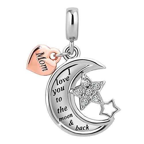 Sug Jasmin - Colgante con forma de corazón, de luna y de estrella, e inscripción en inglés «Mom, I love you to the moon and back» ("Mamá, te quiero hasta la luna ida y vuelta"). Para pulsera europea