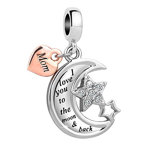 Sug Jasmin - Colgante con forma de corazón, de luna y de estrella, e inscripción en inglés «Mom, I love you to the moon and back» ("Mamá, te quiero hasta la luna ida y vuelta"). Para pulsera europea