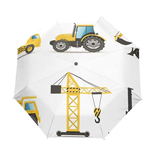 SUHETI Paraguas automático de Apertura/Cierre,Estilo de Dibujos Animados Maquinaria Pesada Camión Grúa Excavadora Mezclador Tractor Construcción,Paraguas pequeño Plegable a Prueba de Viento
