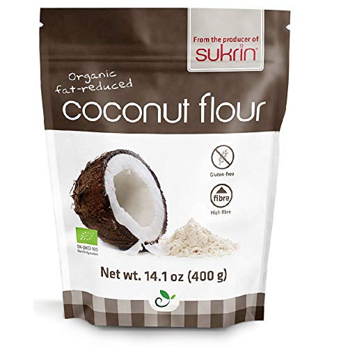 Sukrin Organic Fairtrade Fat-Reduced Coconut Flour, Gluten-Free, Low Carb, High-Fibre, produced from pure, raw coconut, great substitute for flour (400g)