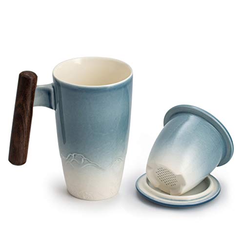 SULIVES Taza de Te Porcelana Mug Infusión con Filtro y Tapa Mango de madera 400ml (azul)